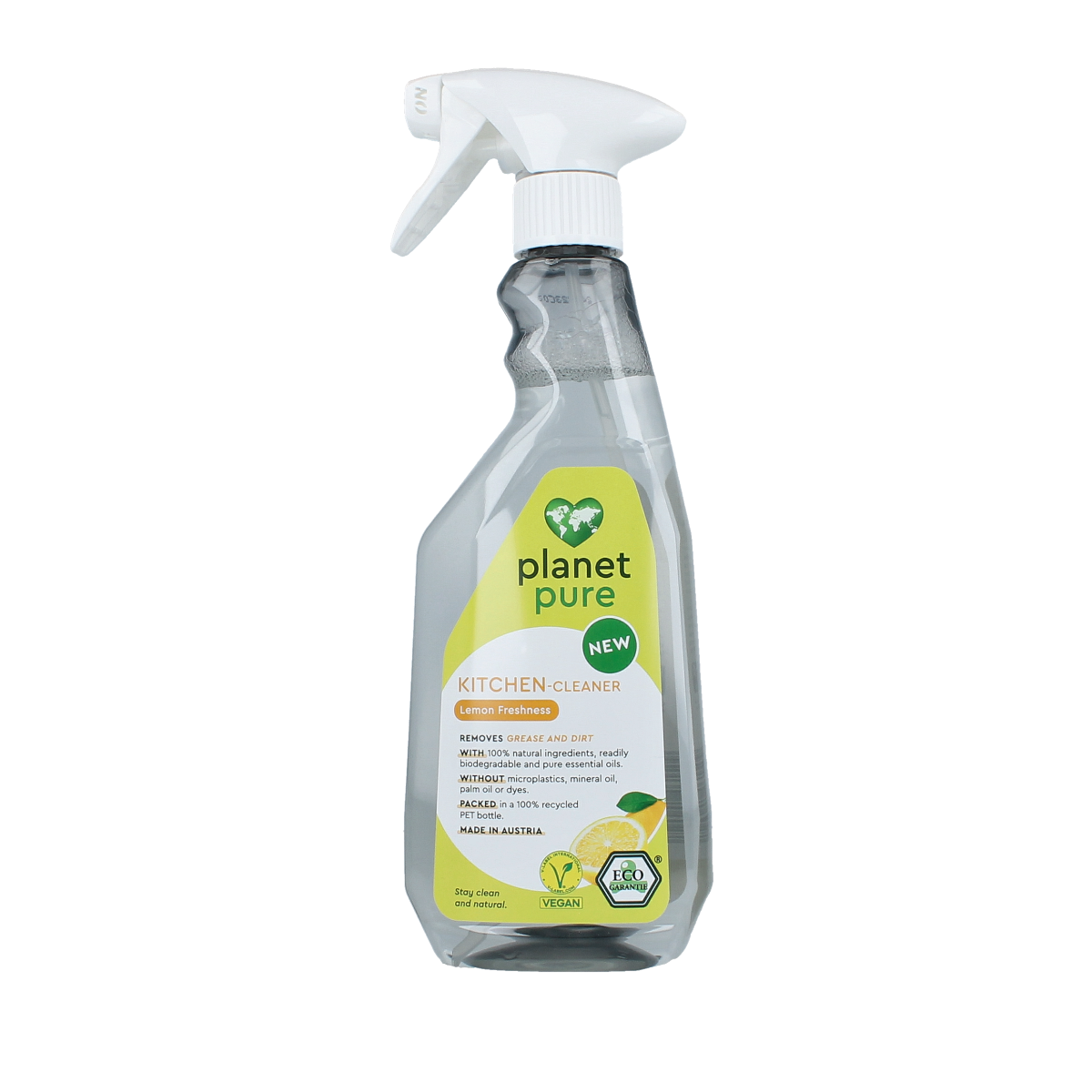 Planet Pure lemon kitchen cleaner spray in a 500ml bottle, eco-friendly cleaning product for kitchen surfaces.