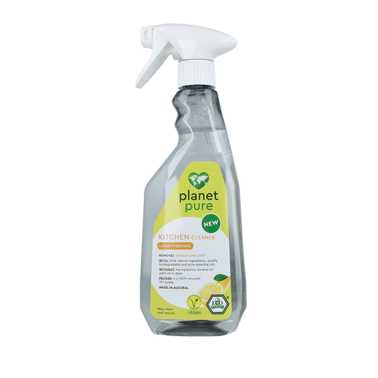 Planet Pure lemon kitchen cleaner spray in a 500ml bottle, eco-friendly cleaning product for kitchen surfaces.