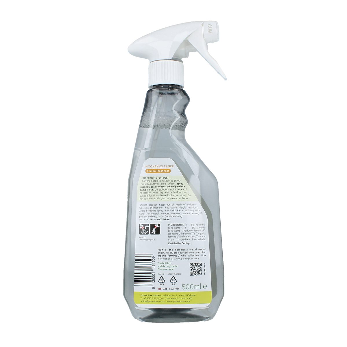Planet Pure lemon kitchen cleaner spray bottle, 500ml, natural cleaning product for kitchen surfaces