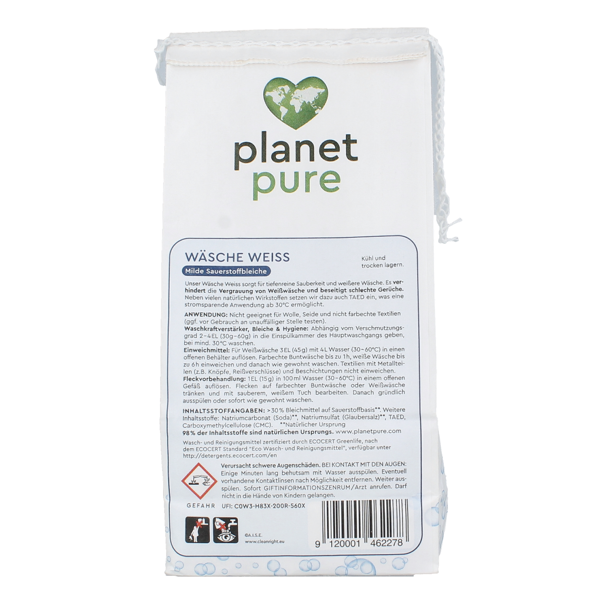 Planet Pure Vlekverwijderaar voor witte was, 450g, in een witte verpakking, ideaal voor het verwijderen van vlekken uit kleding.