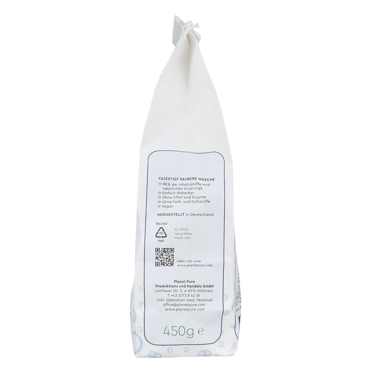 Planet Pure Vlekverwijderaar witte was in 450g container, suited for stain removal from white laundry.