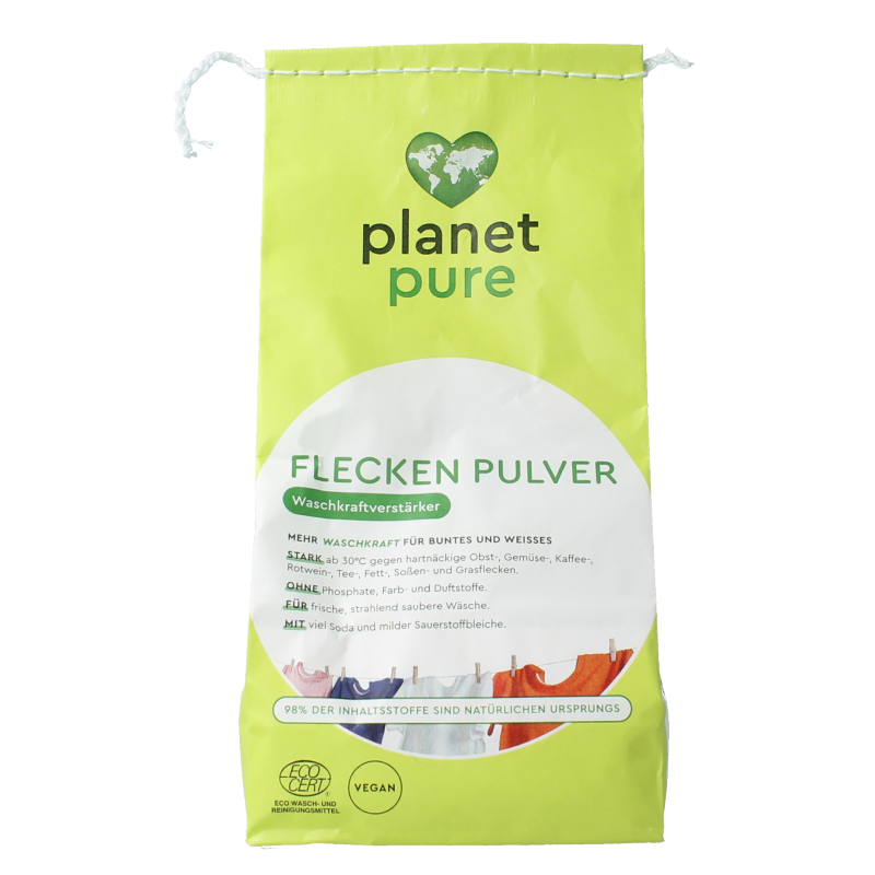 Planet Pure Vlekverwijderaar gekleurde was, 450g, natural stain remover for colored laundry, in a white container.