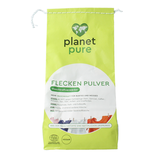 Planet Pure Vlekverwijderaar gekleurde was, 450g, natural stain remover for colored laundry, in a white container.