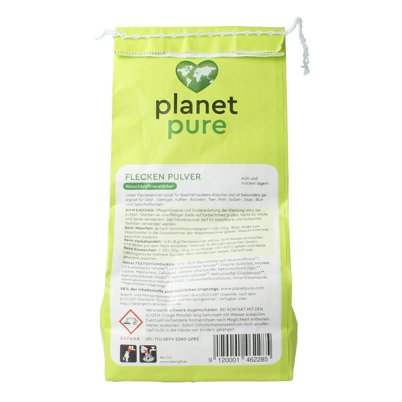 Planet Pure Vlekverwijderaar gekleurde was 450g, a liquid stain remover for colored laundry in a clear bottle.