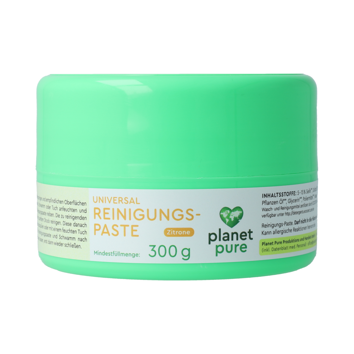 Planet Pure Universele reinigingspasta Lemon in 300g jar, natural cleaning product with lemon scent, suitable for versatile household use