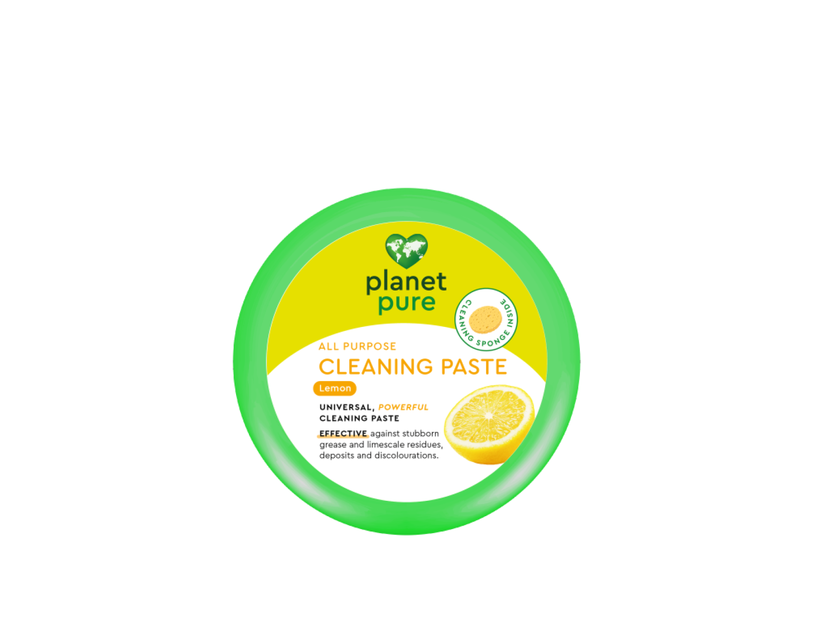 Planet Pure lemon cleaning paste in a 300g container, showing the natural lemon-infused cleaning product for household use.