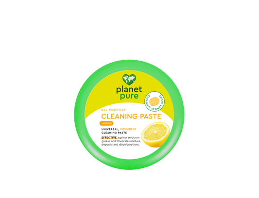 Planet Pure lemon cleaning paste in a 300g container, showing the natural lemon-infused cleaning product for household use.