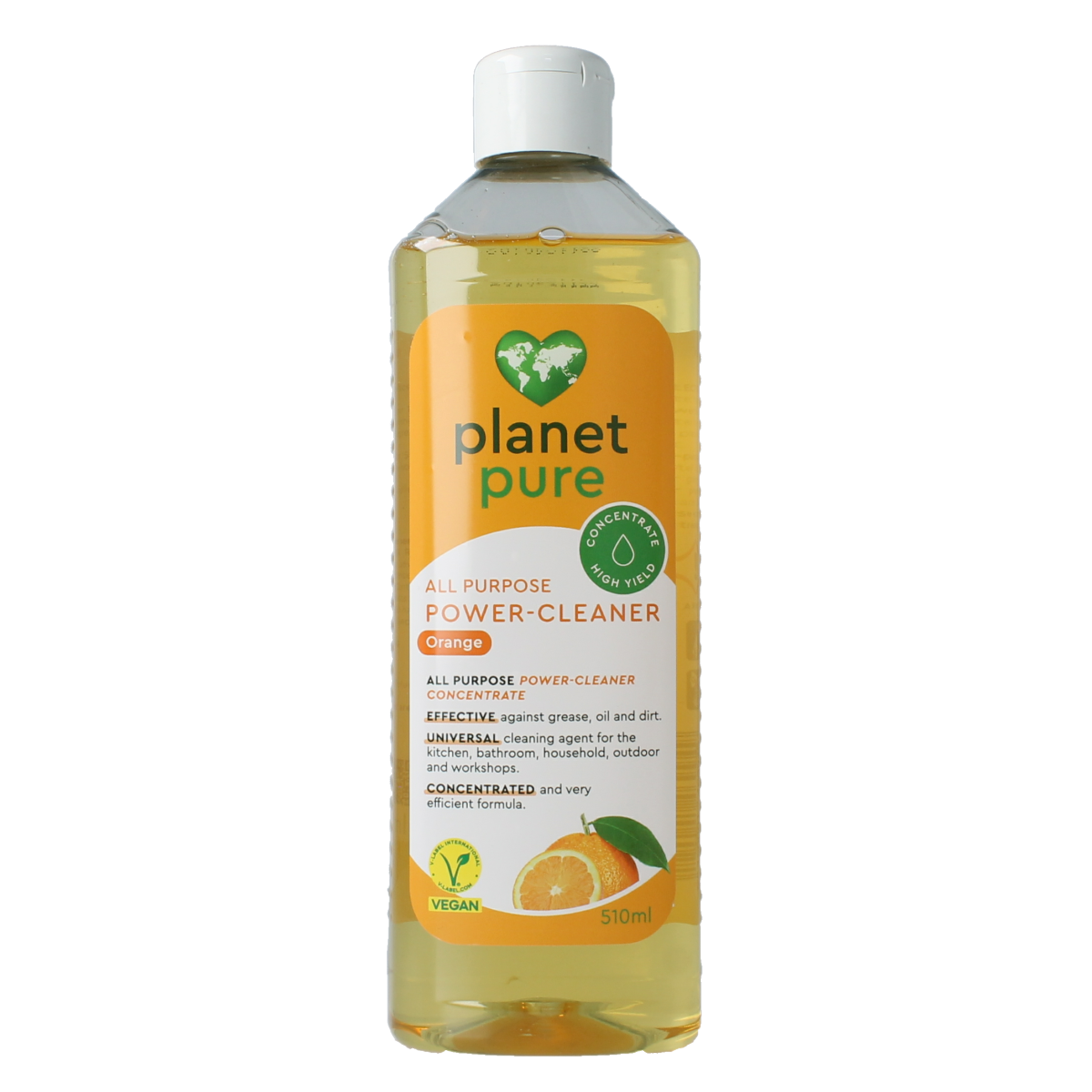 Planet Pure Allesreiniger orange in 510ml bottle, natural cleaning product for household use, with fresh orange scent.