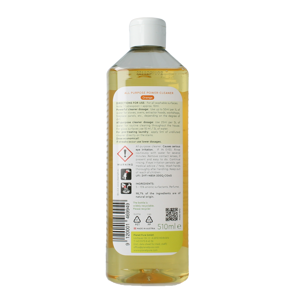 Planet Pure Allesreiniger orange in 510ml bottle, natural cleaning product with fresh orange scent, for eco-friendly house cleaning.