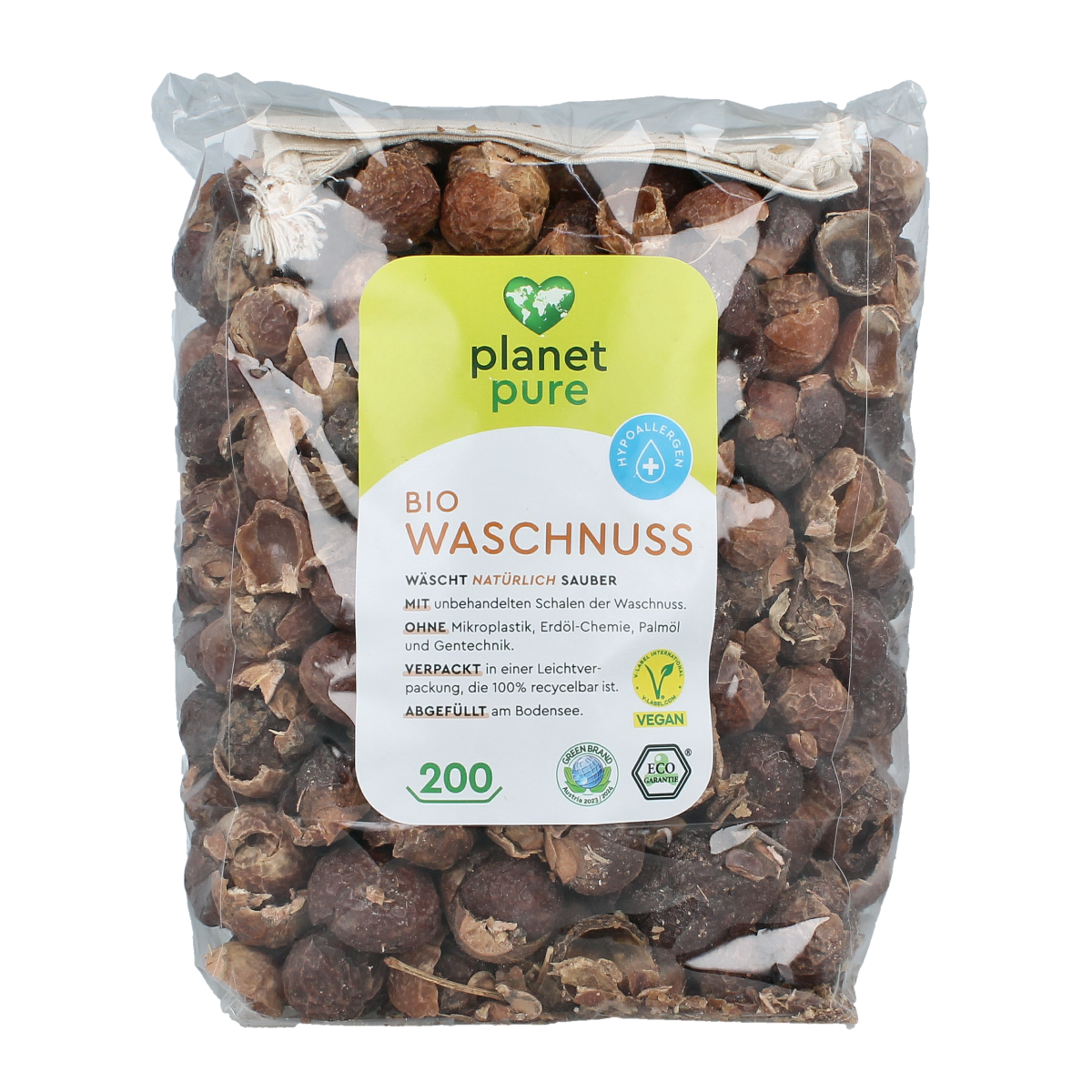 Planet Pure Zeepnoten natuurlijk wasmiddelen in 1 kg bag, showing organic soap nuts for eco-friendly laundry cleaning.
