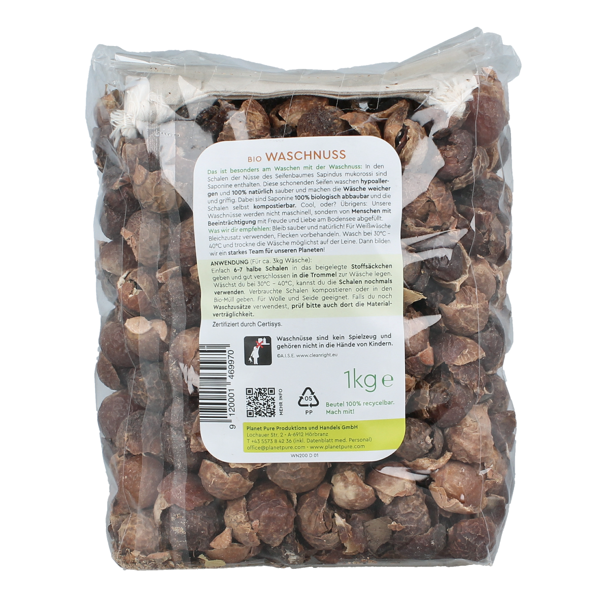 Planet Pure Zeepnoten wasmiddel in natuurlijk 1 kg bag, showing soap nuts for eco-friendly laundry cleaning.