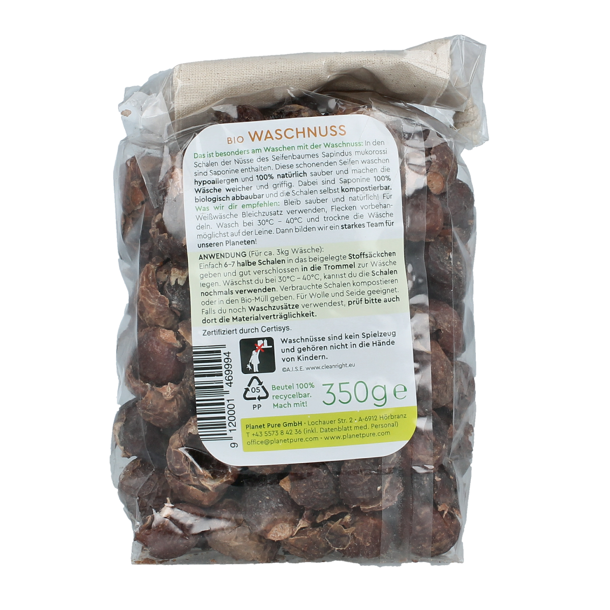Planet Pure Zeepnoten natuurlijk wasmiddelen in 350g package, showing natural soapnut product for eco-friendly laundry.