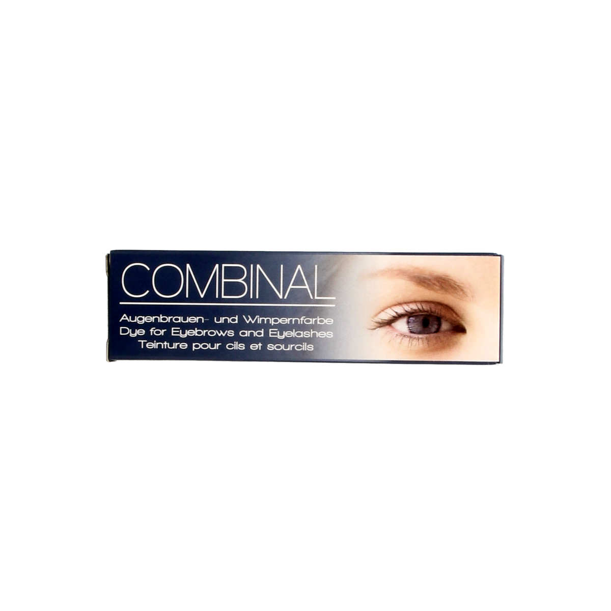Combinal Wenkbrauwen en wimperverf in blauw en zwart, 15 ml, makeup product with applicator brush showing in the image.