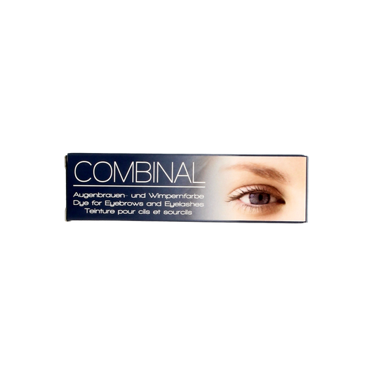 Combinal Wenkbrauwen en wimperverf in blauw en zwart, 15 ml, makeup product with applicator brush showing in the image.