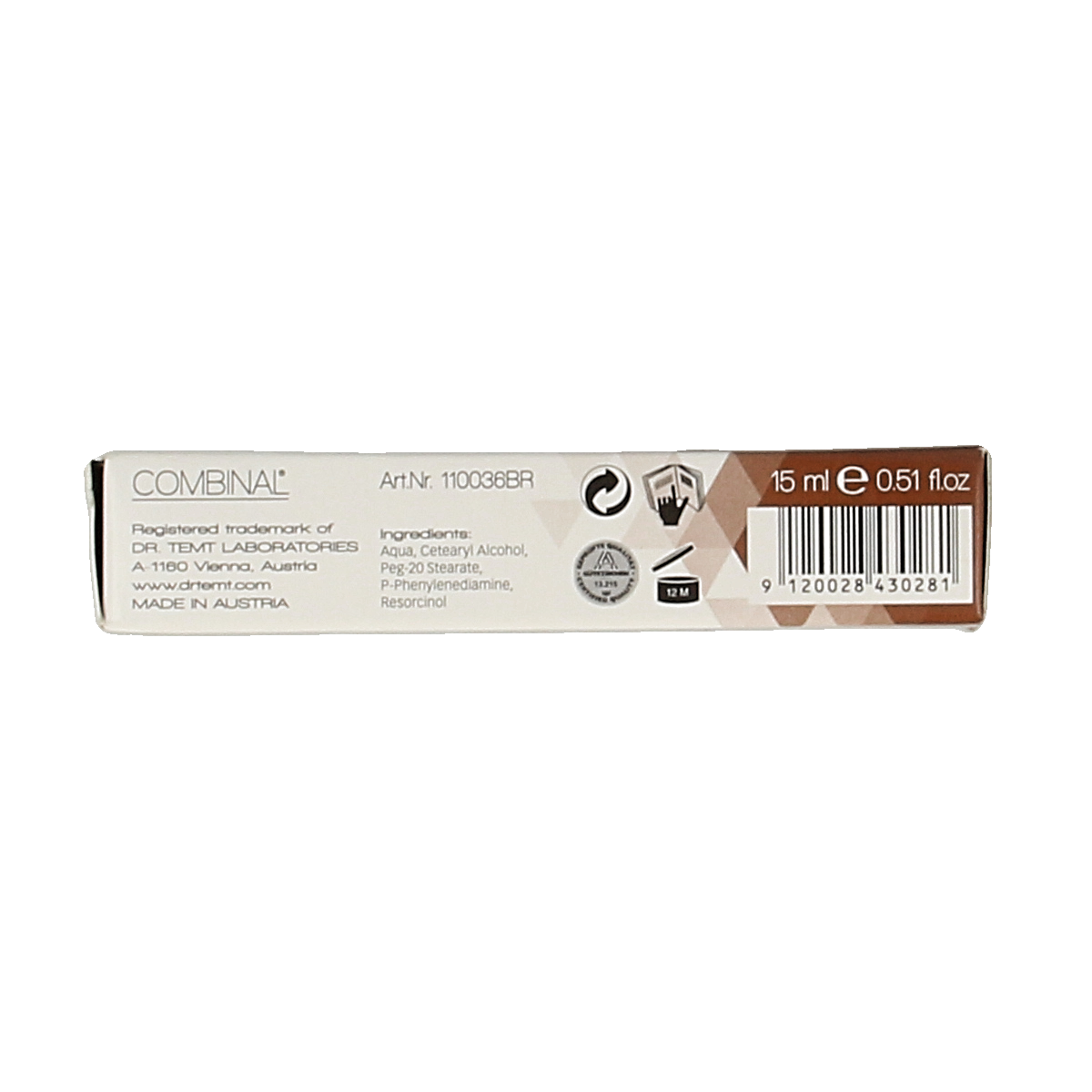 Combinal Wenkbrauwen Wimperverf bruine tint, 15ml, make-up product with a tube and applicator for eyebrow and eyelash coloring.