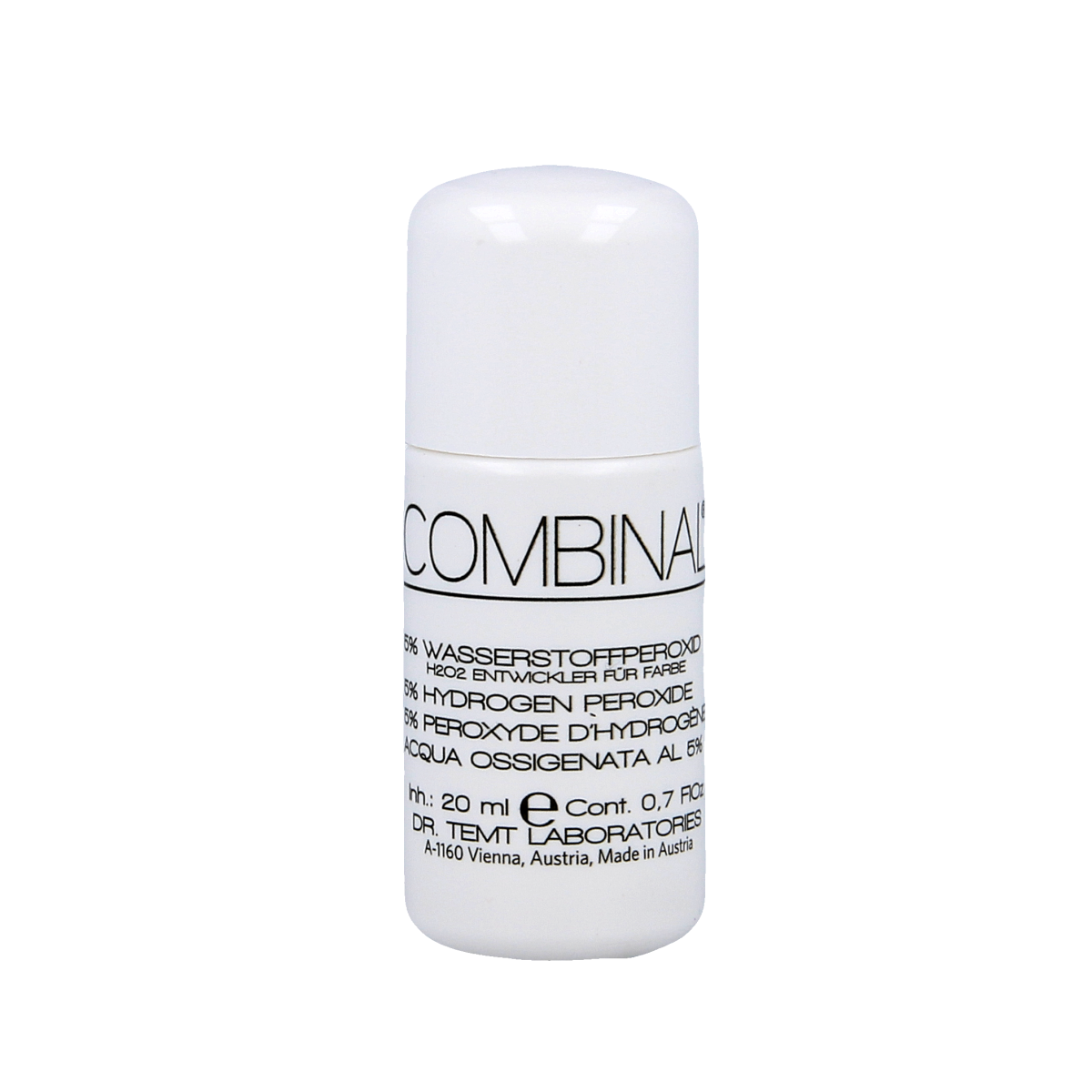 Combinal Waterstofperoxide 5% 20ml bottle, a cleaning product with a clear liquid appearance and label showing brand and concentration.