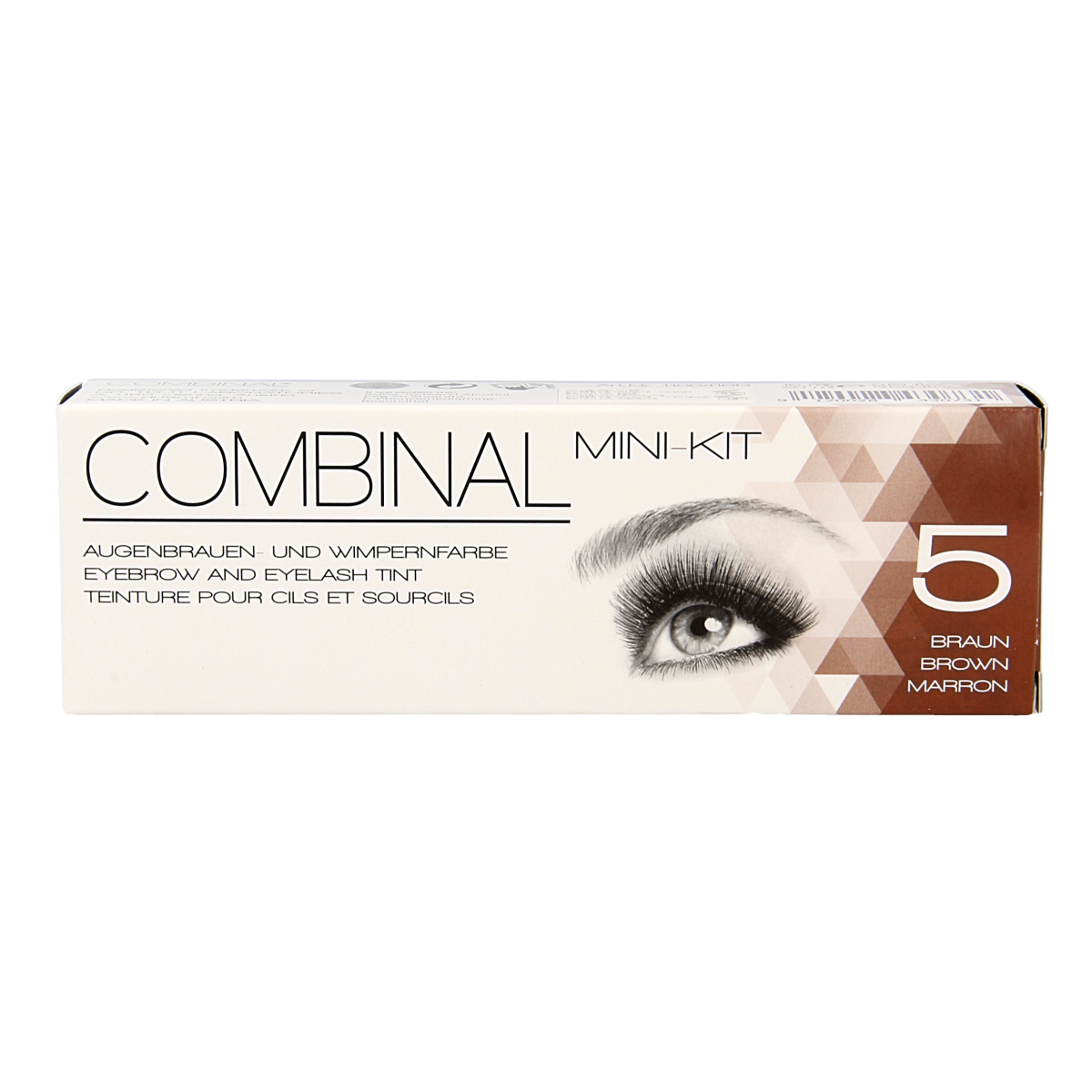 Combinal Wenkbrauwen wimperverf kit bruin 1.00 set for eyebrow and eyelash coloring, includes applicator tools and product bottles.