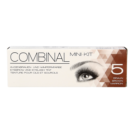 Combinal Wenkbrauwen wimperverf kit bruin 1.00 set for eyebrow and eyelash coloring, includes applicator tools and product bottles.