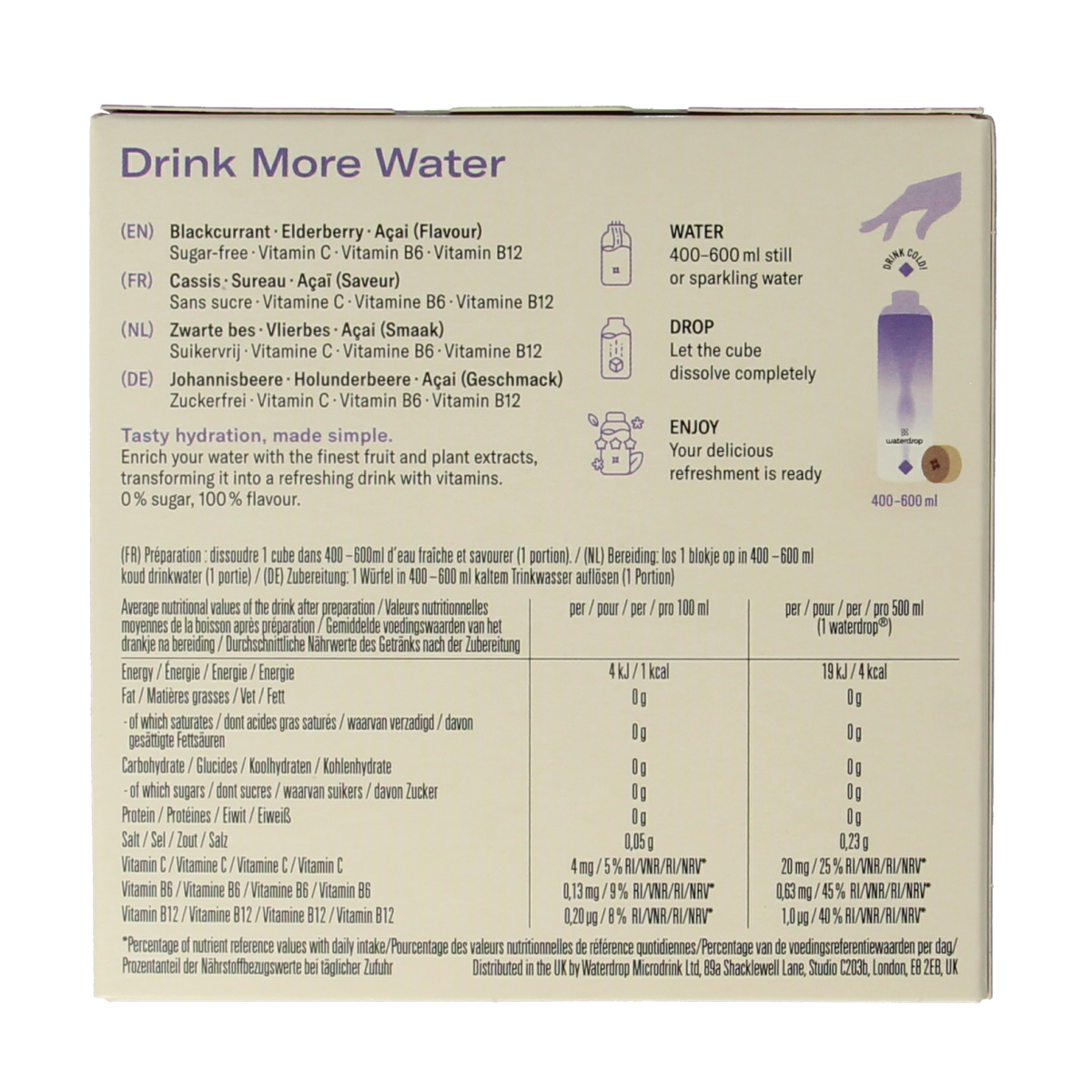 Waterdrop Microdrink boost blackcurrant effervescent tablets in a pack of 12, refreshing flavor for drinks and hydration.