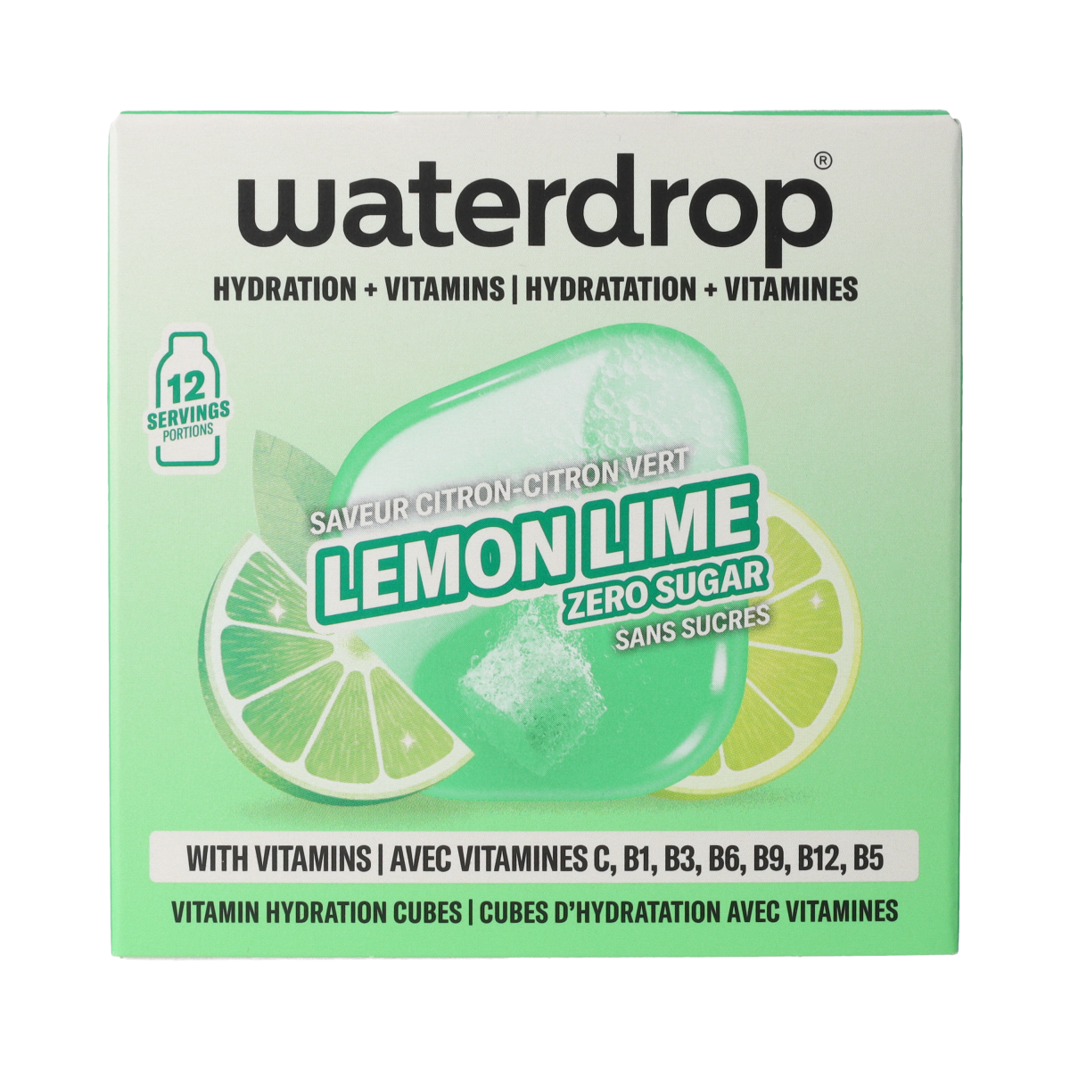 Waterdrop Microdrink Focus Lemon Lime effervescent tablets in a clear container, showing 12 lemon lime drink tablets.