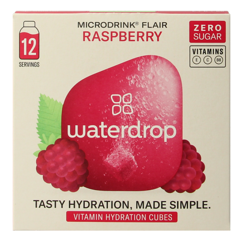 Waterdrop Microdrink Flair Raspberry effervescent tablets showing 12 bottles with raspberry flavor and colorful packaging.