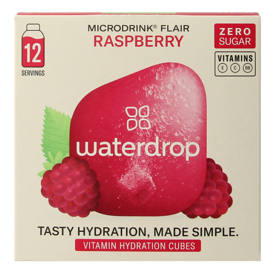 Waterdrop Microdrink Flair Raspberry effervescent tablets showing 12 bottles with raspberry flavor and colorful packaging.