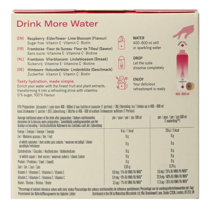 Waterdrop Microdrink Flair Raspberry effervescent tablets in a box, flavored drink enhancer, 12 pieces, for refreshing beverages.