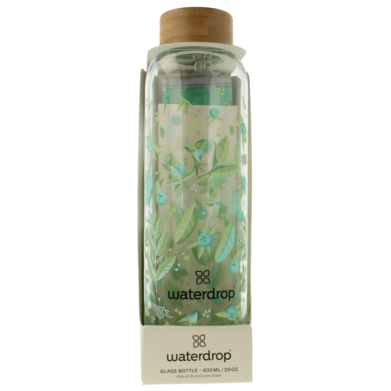 Waterdrop Clean 600ml glass drink bottle for cooking and dining, transparent with a sleek design.