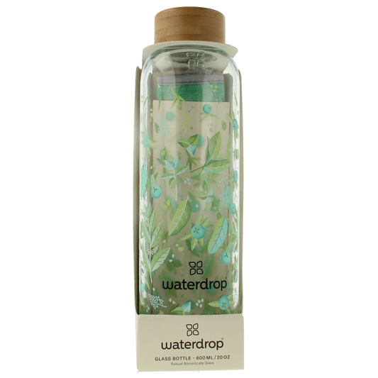 Waterdrop Clean 600ml glass drink bottle for cooking and dining, transparent with a sleek design.