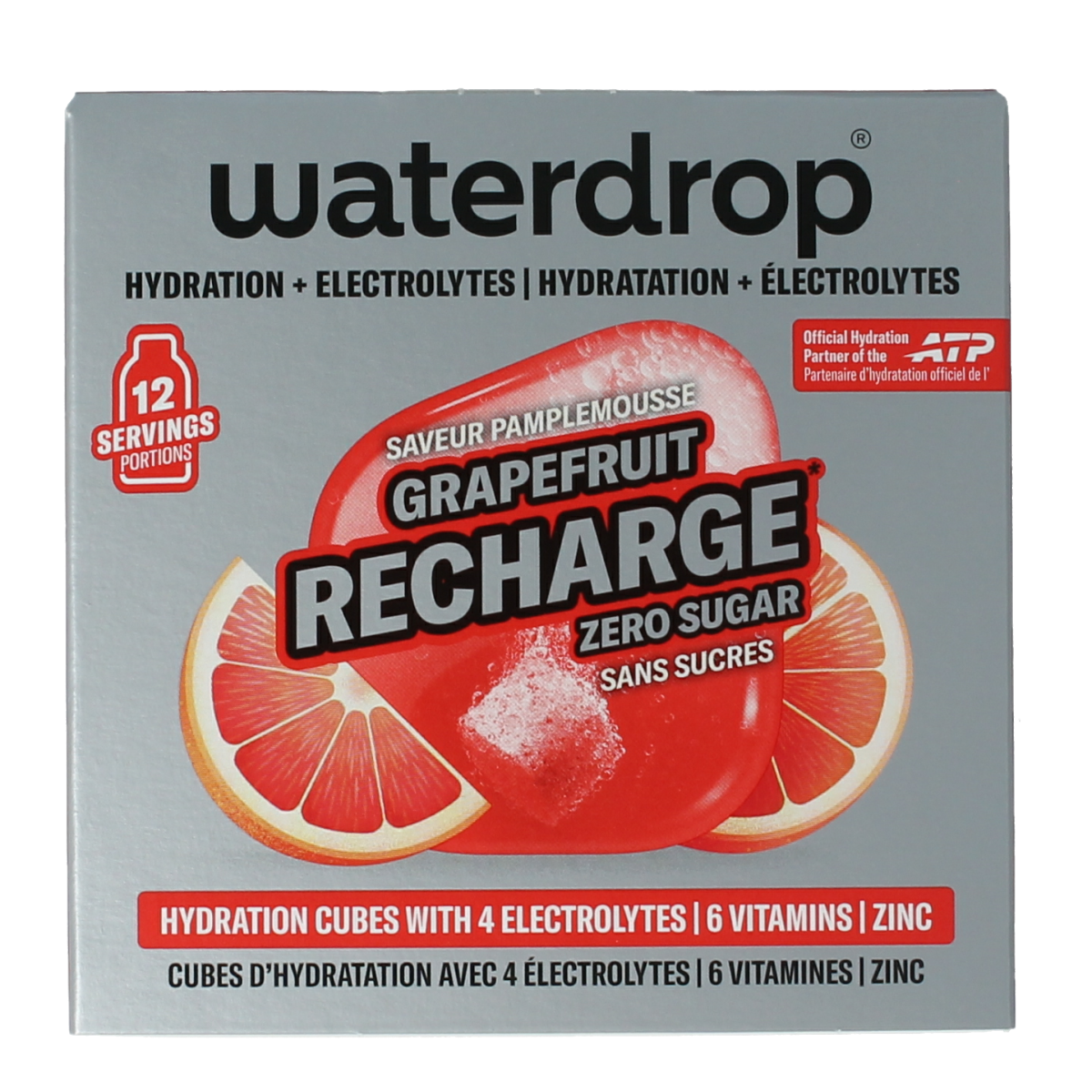 Waterdrop Microlyte grapefruit effervescent tablets for sports nutrition, 12-pack, dissolves in water for hydration.
