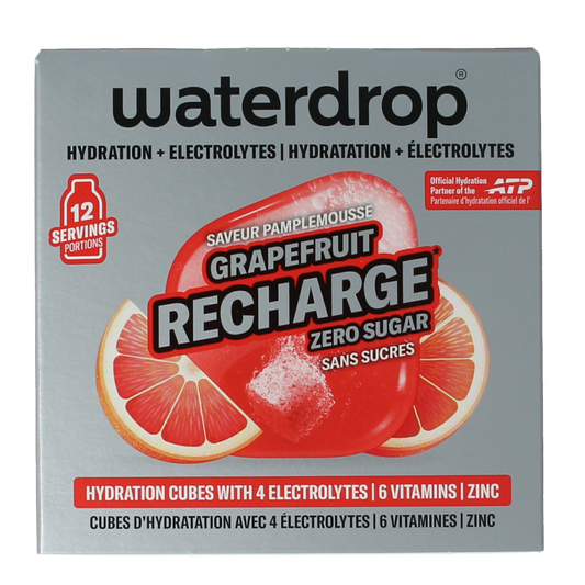 Waterdrop Microlyte grapefruit effervescent tablets for sports nutrition, 12-pack, dissolves in water for hydration.