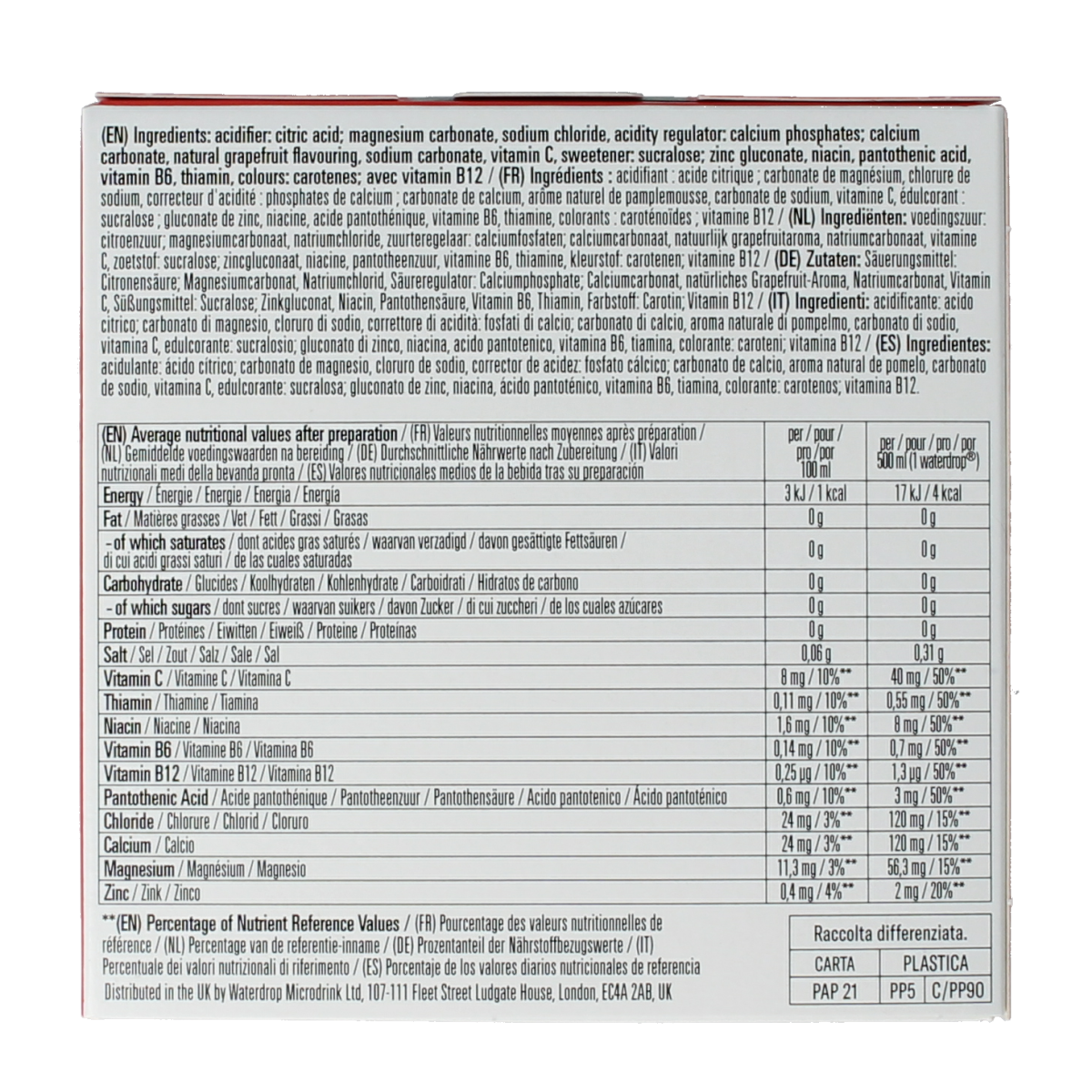 Waterdrop Microlyte grapefruit effervescent tablets for sports nutrition, 12-pack, dissolves in water for hydration.