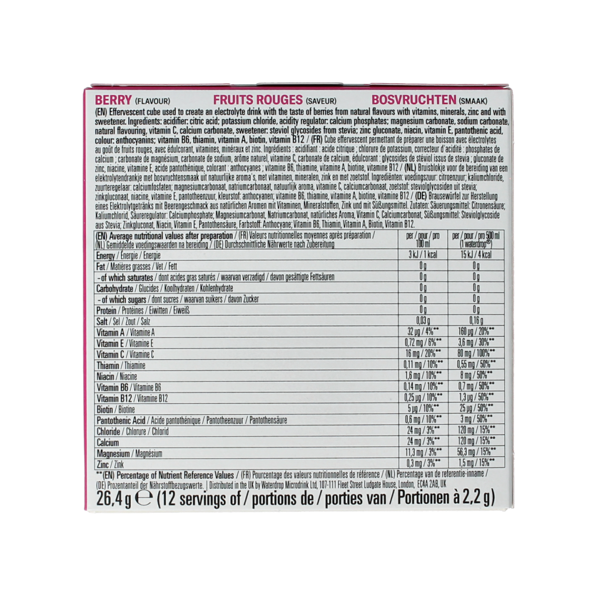 Waterdrop Microlyte Berry drink cubes in a clear container, showcasing colorful berry-flavored hydration tablets.