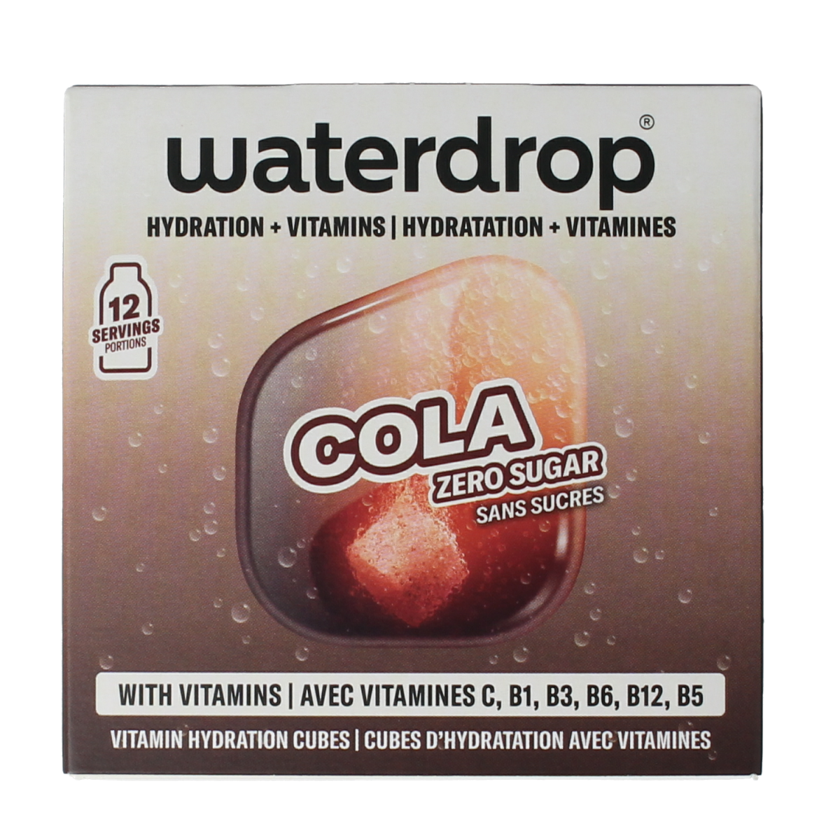 Waterdrop Microdrink Cola flavor drink drops in a box of 12, sugar-free water enhancer for flavorful beverages.