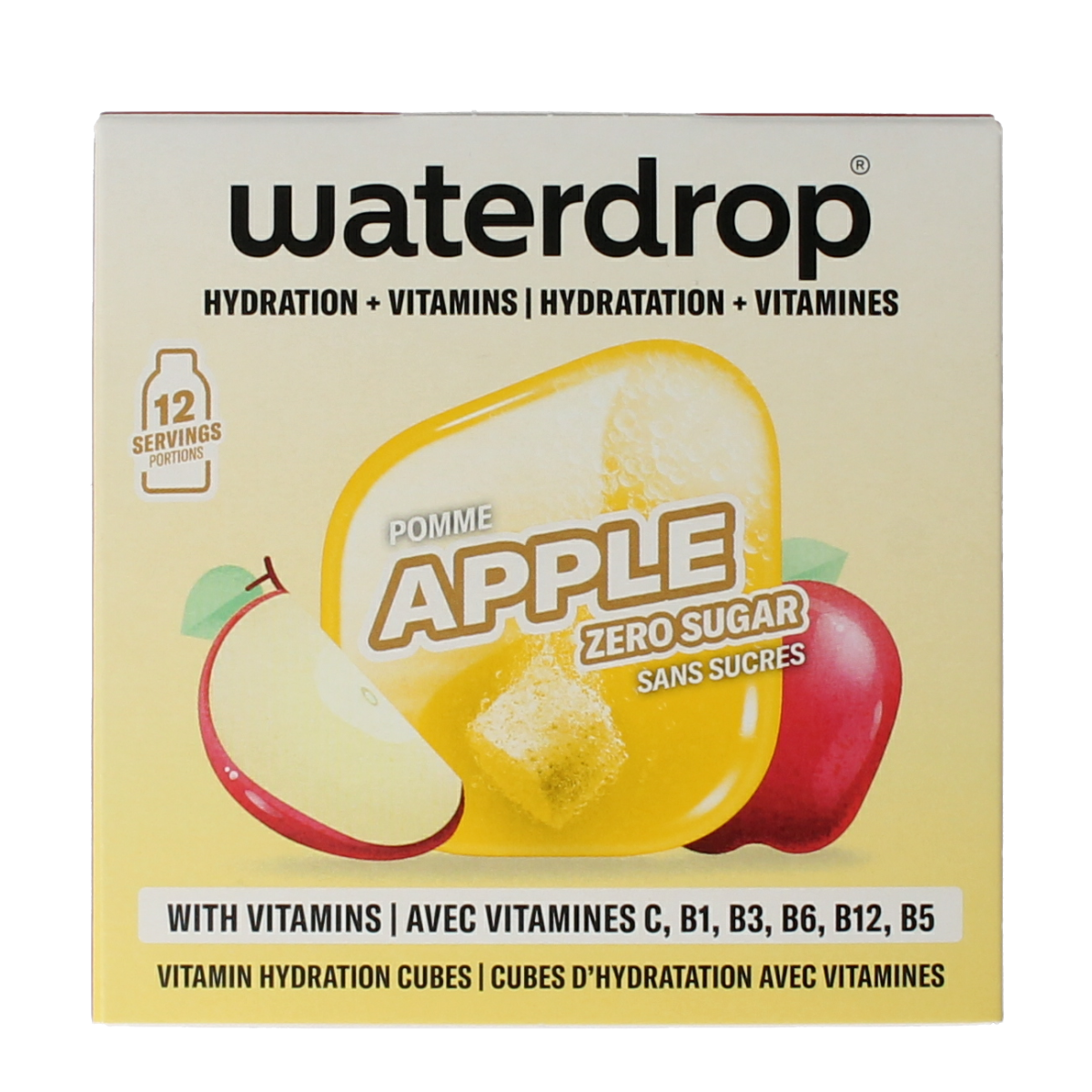 Waterdrop Microdrink apple flavor, 12-pack of drink and juice flavoring drops for water, in packaging with product details visible.