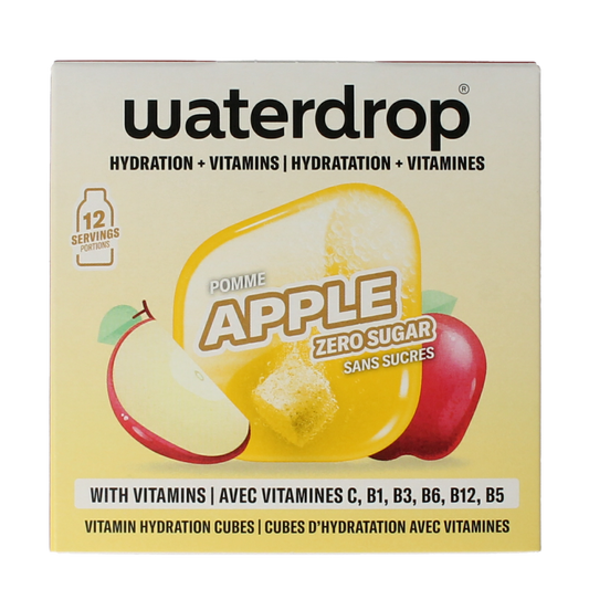Waterdrop Microdrink apple flavor, 12-pack of drink and juice flavoring drops for water, in packaging with product details visible.