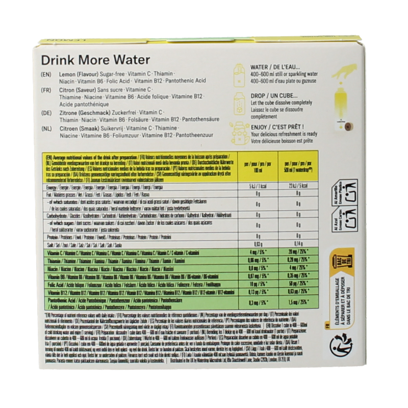 Waterdrop Microdrink summer lemon flavor packaging, 12 drink sachets for flavored water, in a colorful box.