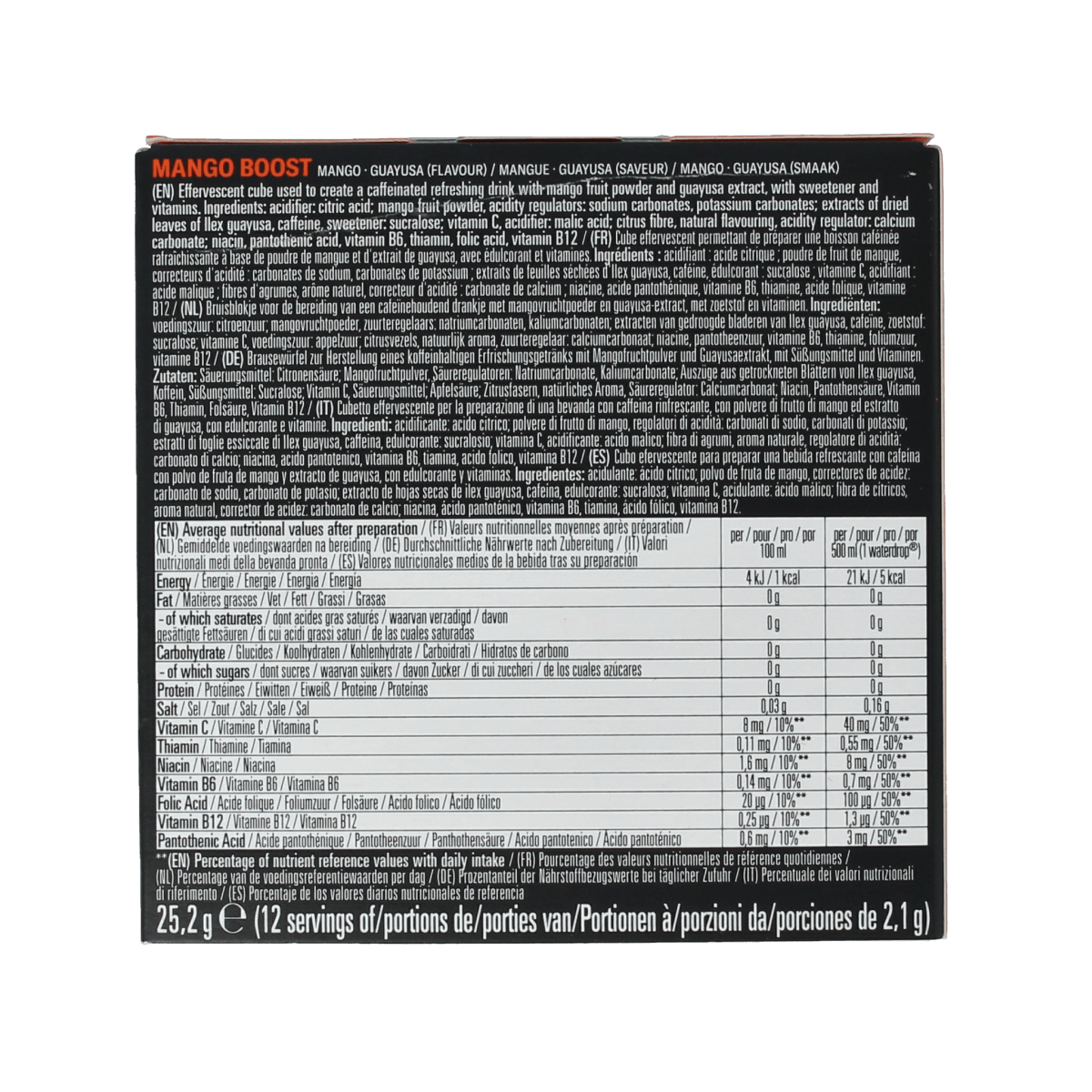 Waterdrop Microenergy Mango Boost drink tablets in a pack of 12, natural flavor, dissolvable vitamin and energy supplement.