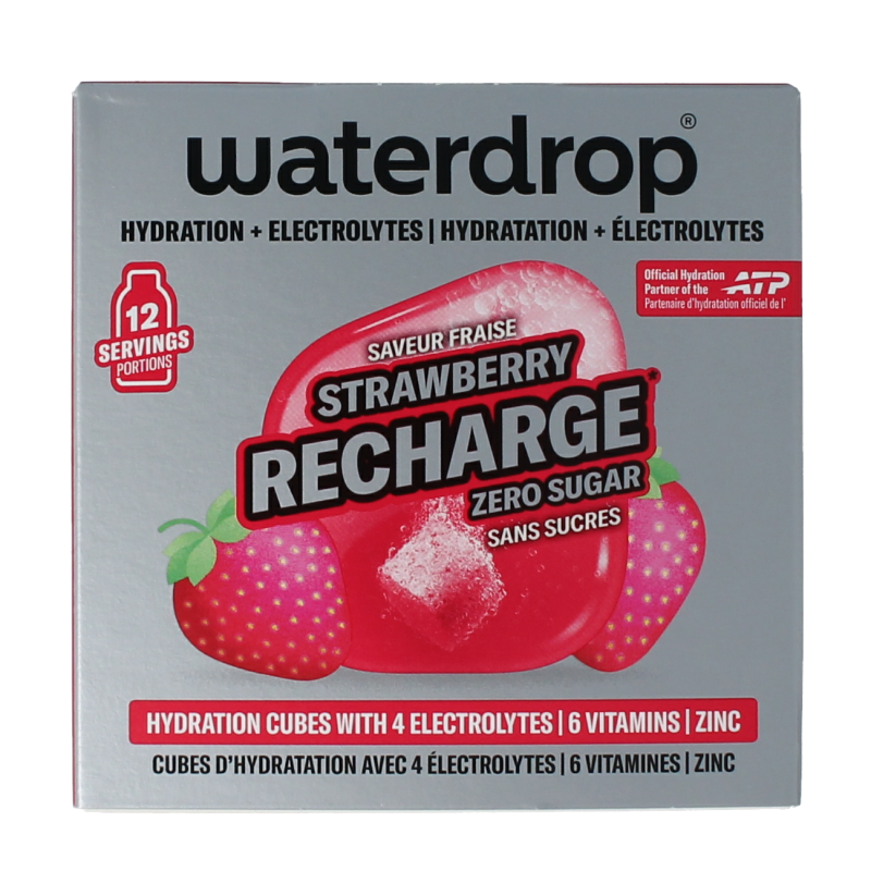 Waterdrop Microlyte Strawberry flavored drink tablets, 12-piece pack, for adding flavor to water, in a clear container.