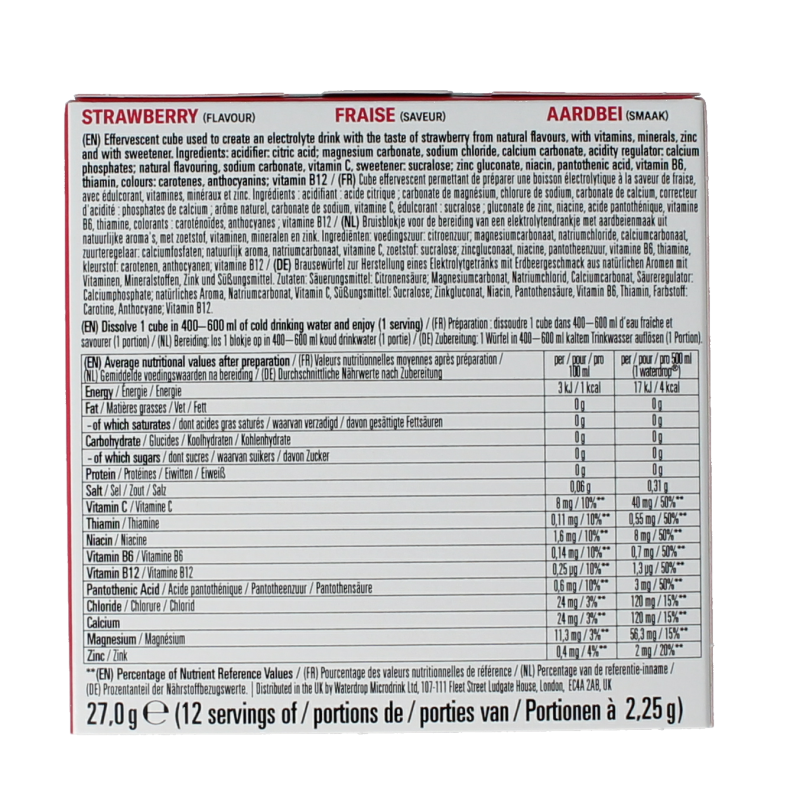 Waterdrop Microlyte strawberry drink tablets in a box of 12, colorful packaging for flavored water and hydration.
