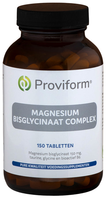 Proviform Magnesium bisglycinaat complex 150mg supplement in a bottle of 150 tablets, showing the supplement packaging.