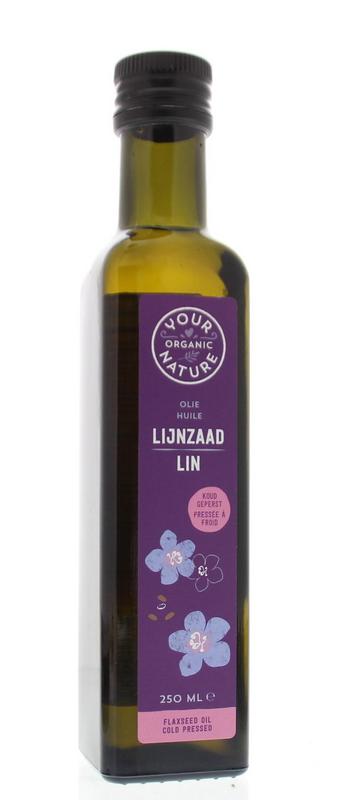 Organic flaxseed oil by Your Organic Nature in a 250ml bottle, showing the clear, golden liquid inside the glass container.