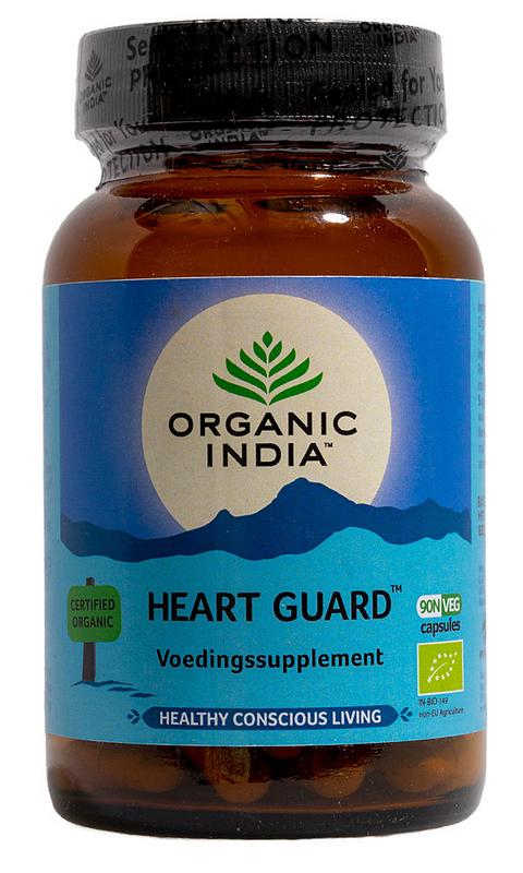 Organic India Heart Guard bio capsules, herbal supplement in a bottle, with 90 capsules for cardiovascular support.