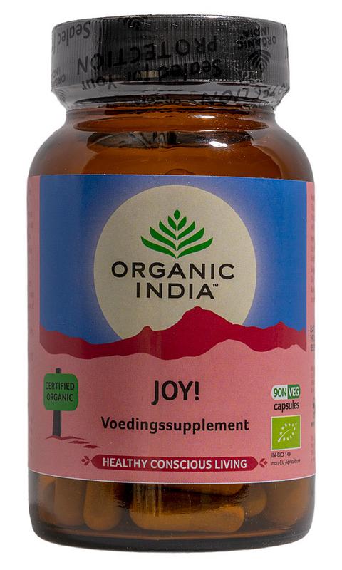 Organic India Joy bio Kruidenpreparaten capsules, 90-count, showing the bottle and label with herbal supplement packaging.
