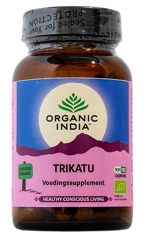 Organic India Trikatu bio vegetarian capsules, herbal supplement in a bottle, showcasing the product packaging.