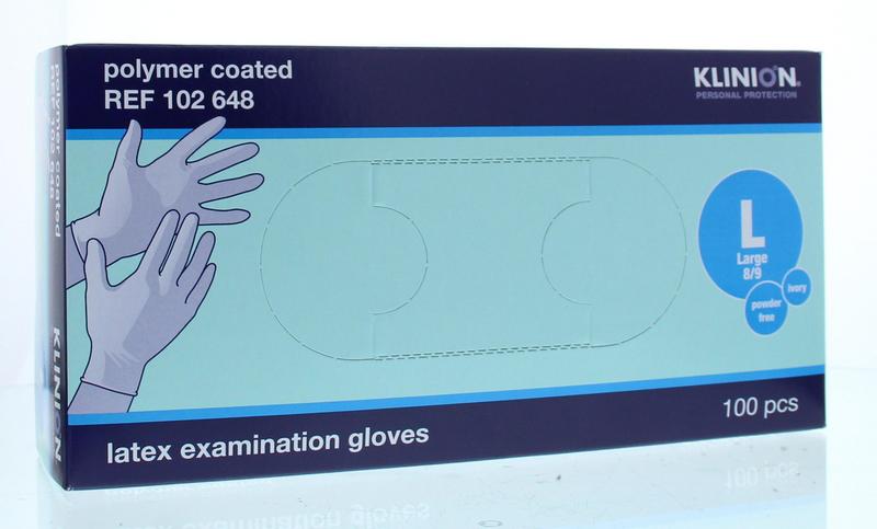 Klinion latex examination gloves in size L, powder-free, 100-piece medical protective gloves, shown in a box.