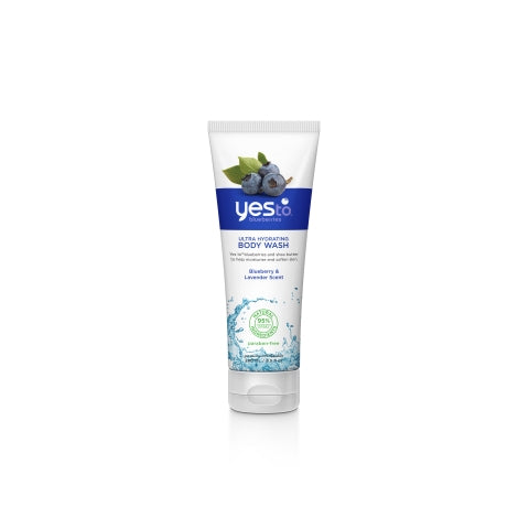 Yes To Blueberry ultra hydrating body wash in a 280ml tube, featuring a blue and white design, suitable for daily use.
