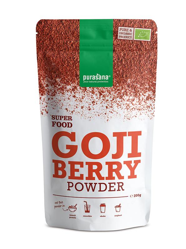 Purasana Goji berry powder in a 200g vegan organic raw superfoods package, with a close-up of the product container.