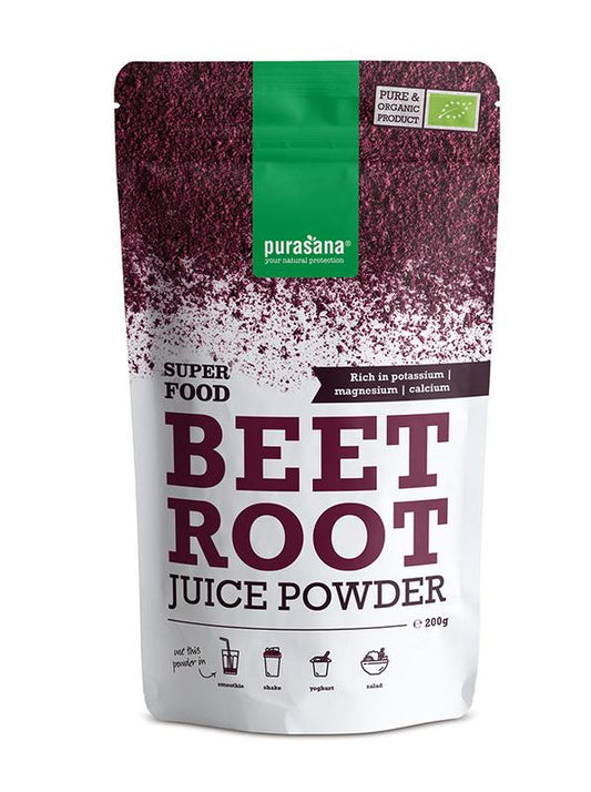 Organic Purasana raw beetroot powder in a 200g package, showcasing vibrant red beetroot powder in a natural setting.