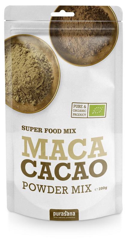 Purasana Maca & cacao powder mix in a jar, vegan bio superfood with 200g label, showcasing the product packaging.